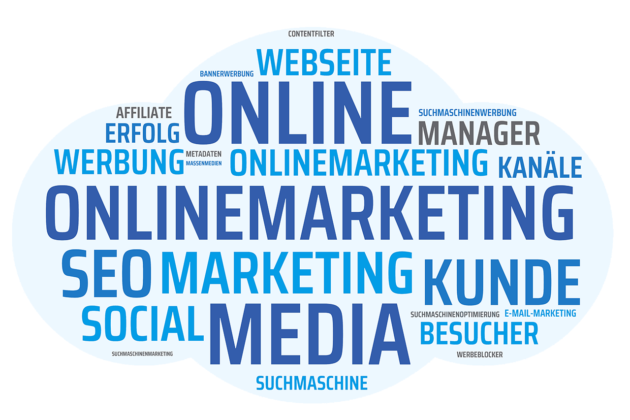 Wortwolke Online Marketing, SEO, Social Media, Kanäle, Werbung, Suchmaschine